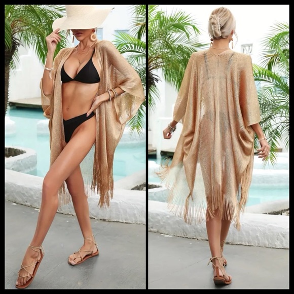 BOUTIQUE  Metallic Net Fringed Cover Up, Tassel Semi Sheer - Picture 5 of 8
